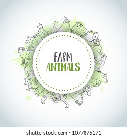 Hand drawn farm animals background. Farming illustration. Vector farm elements. Hand sketched goose, rooster, chicken