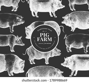 Hand drawn farm animals background. Vector pig design template. Vintage hog illustration on chalk board