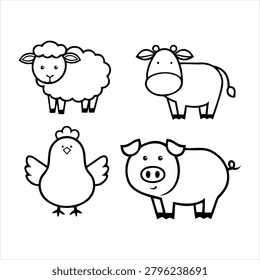 Hand Drawn Farm Animals Set Illustration in Black and White Cartoon Style