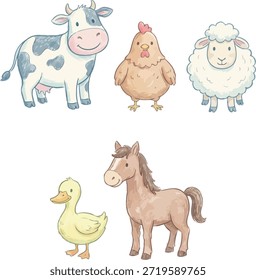 Un conjunto de Vector de animales de granja dibujado a mano con vaca, pollo, oveja, pato y caballo. Ilustración linda de la historieta con la textura del bosquejo, perfecta para las hojas de trabajo de los niños, los libros, los carteles, y los diseños educativos.