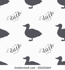 Hand drawn farm bird hipster silhouettes seamless pattern. Duck meat hand lettering. Butcher shop design template for craft beef meat package. Seamless packaging background. Vector illustration