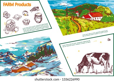 Hand drawn farm composition with pretzel cheese basket of fruits grapes butter honey cow summer and winter rural landscapes vector illustration