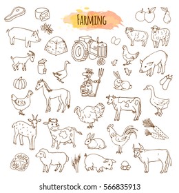 Hand drawn farm elements. Farming tools and animals.