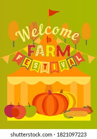 Hand drawn Farm Fall festival flat color vector poster. Agricultural Fair cartoon design element illustration. Pumpkin apple harvest farmers market festival welcome. Autumn season harvet sale template