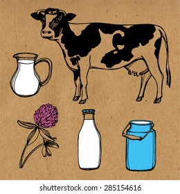 Hand drawn farm set. Cow, milk bottle, clover, milk can. Craft paper background