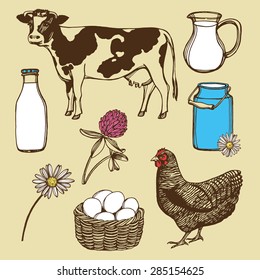 Hand drawn farm set. Cow, hen, milk bottle, eggs basket, clover, chamomile, milk can