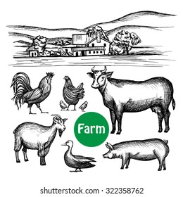 Hand drawn farm set with village house and livestock animals isolated vector illustration
