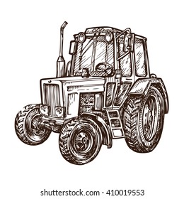 Hand Drawn Farm Tractor. Sketch Vector Illustration