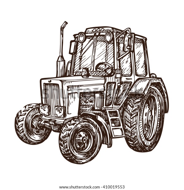 hand drawn\
farm tractor. sketch vector\
illustration