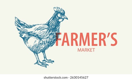 Ilustración vectorial de granja dibujada a mano de pollo de boceto. Anuncio retro de Antiguas