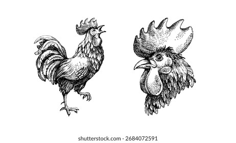 Hand drawn farm vector illustration of sketch rooster. Vintage isolated retro set