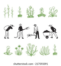 Hand drawn farm workers, agriculture works, gardening activity, manual workers, vector doodle illustration