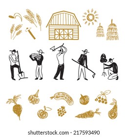 Hand drawn farm workers, agriculture works, gardening activity, manual workers, vector doodle illustration