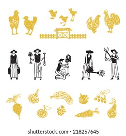 Hand drawn farm workers, agriculture works, gardening activity, manual workers, vector doodle illustration
