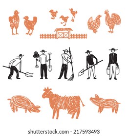 Hand drawn farm workers at barnyard, manual workers, vector doodle illustration