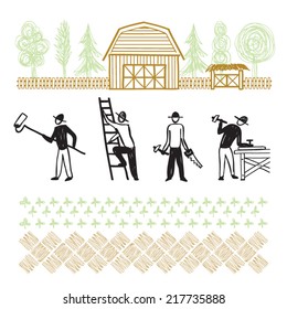 Hand drawn farm workers, home improvement works, manual workers, vector doodle illustration