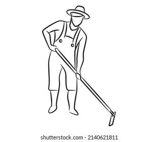 hand drawn farmer using shovel line illustration