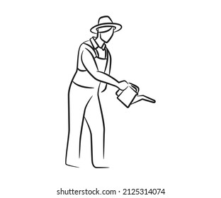 hand drawn farmer with watering can illustration