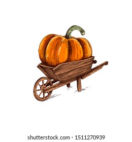 Hand drawn farmer wooden cart with pumpkin. Farm fresh delivery design template. Vector illustration isolated on white background.