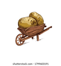 Hand drawn farmer wooden cart with potato. Farm fresh delivery design template. Vector illustration isolated on white background.
