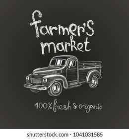 Hand drawn farmer's market poster flyer logo ads badge invitation card with vintage pickup truck