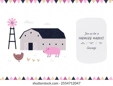 Hand drawn farmers market poster with barn, windmill and domestic animals. Vector banner, templates for agricultural fair, agricultural festival.