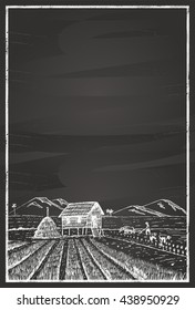 Hand drawn of farmers at rice field on a chalkboard
