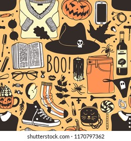 Hand drawn fashion background. Creative ink art work. Actual vector seamless pattern. Halloween set: wear, shoes, accessories, candys, drinks and other things