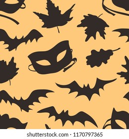 Hand drawn fashion background. Creative ink art work. Actual vector seamless pattern. Halloween set: autumn leaves, mask, bat