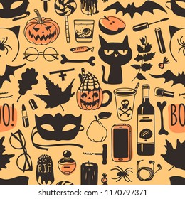 Hand drawn fashion background. Creative ink art work. Actual vector seamless pattern. Halloween set: candys, drinks, fruits, cat, mask, glasses, phone, bone and other