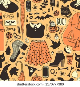 Hand drawn fashion background. Creative ink art work. Actual vector seamless pattern. Halloween set: leather jacket, skirt, hat, boot, sock, snickers, bag