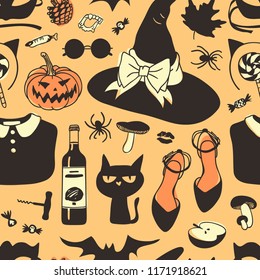 Hand drawn fashion background. Creative ink art work. Actual vector seamless pattern. Halloween set: witch hat, Jack o lantern, cat, wine, apple, spider, glasses, leaves and other