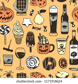 Hand drawn fashion background. Creative ink art work. Actual vector seamless pattern. Halloween set: wine, beer, candy, pumpkin, pear, star cookie, ice cream, bun, donut, apple and other