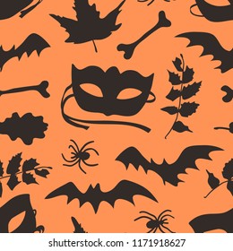 Hand drawn fashion background. Creative ink art work. Actual vector seamless pattern. Halloween set: autumn leaves, mask, bat, twig, spider, bone