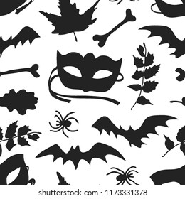 Hand drawn fashion background. Creative ink art work. Actual vector seamless pattern. Halloween set: autumn leaves, mask, bat, twig, spider, bone