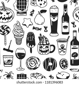 Hand drawn fashion background. Creative ink art work. Actual vector seamless pattern. Halloween set: wine, beer, candy, pumpkin, pear, star cookie, ice cream, bun, donut, apple and other