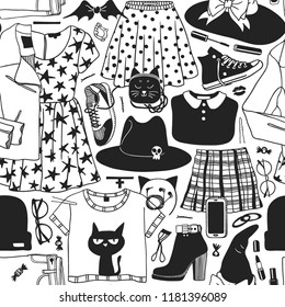 Hand drawn fashion background. Creative ink art work. Actual vector seamless pattern. Halloween set: leather jacket, skirt, hat, boot, sock, snickers, bag