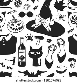 Hand drawn fashion background. Creative ink art work. Actual vector seamless pattern. Halloween set: witch hat, Jack o lantern, cat, wine, apple, spider, glasses, leaves and other