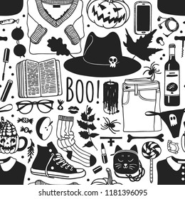 Hand drawn fashion background. Creative ink art work. Actual vector seamless pattern. Halloween set: wear, shoes, accessories, candys, drinks and other things