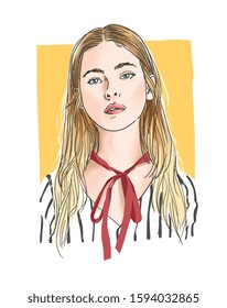 hand drawn fashion blonde girl on yellow background illustration