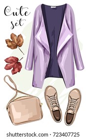 Hand drawn fashion clothes set: coat, bag, shoes. Stylish clothing outfit. Sketch. Vector illustration.