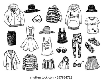 Hand Drawn Fashion Clothes Sketch Set