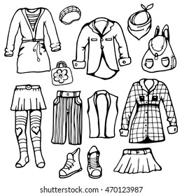 Hand drawn fashion clothes sketch set