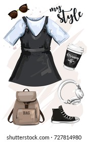 Hand drawn fashion clothing set with backpack, dress coffee cup, sunglasses, shoe and headphones. Stylish outfit. Sketch.