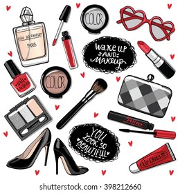 Hand drawn fashion collection of cosmetics: Nail polish, mascara, lipstick, eye shadows, brush, lip gloss. Woman shoes, clutch, sunglasses, perfume bottle. Handwritten lettering