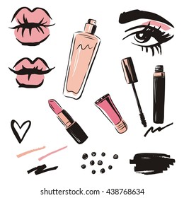 Hand drawn fashion collection of cosmetics