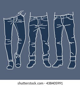 Hand drawn fashion Collection of men's jeans. Vector illustration
