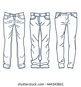 Hand drawn fashion Collection of men's jeans. Drawing blue jeans vector illustration outline.