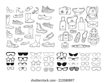 Hand Drawn Fashion Collection. Shoes. Bags. Glasses. Vector. Isolated.