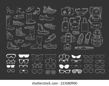 Hand drawn fashion collection. Shoes. Bags. Glasses. Vector. Isolated.